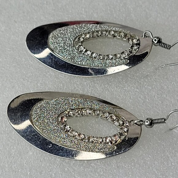 Silver Tone Drop Oval Earrings - Picture 3 of 12